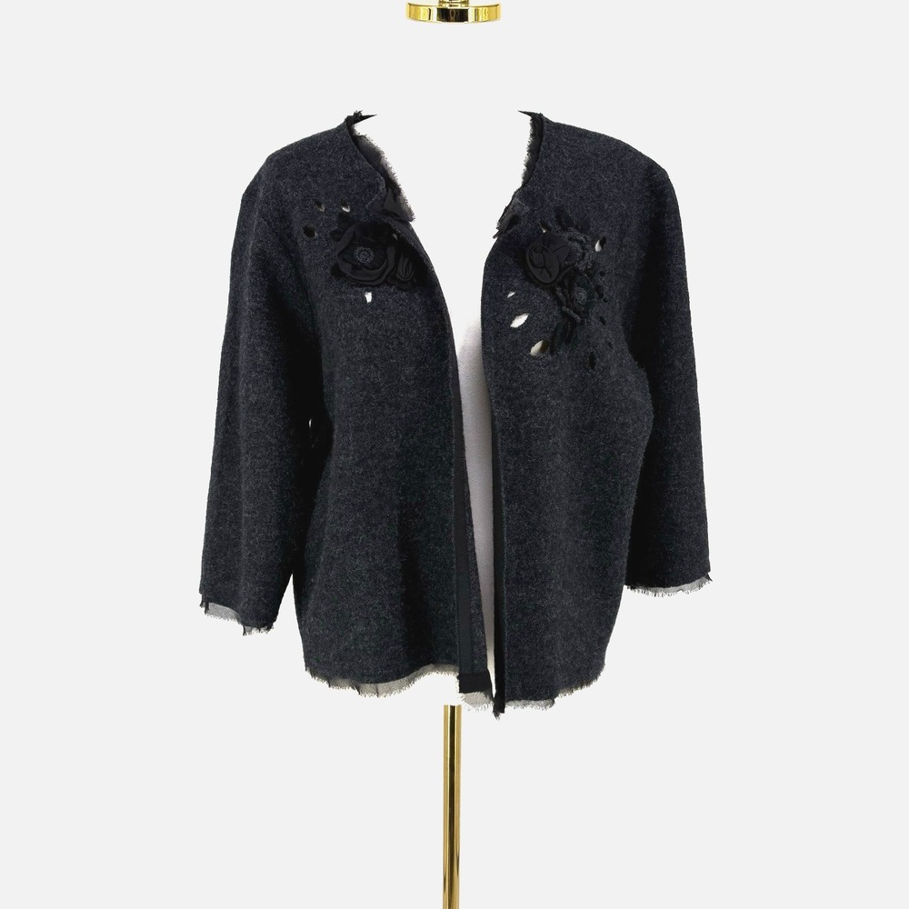 Eddie‎ Bauer Womens Boiled Wool Open Cardigan Sweater XL Gray Rosettes Cut Outs